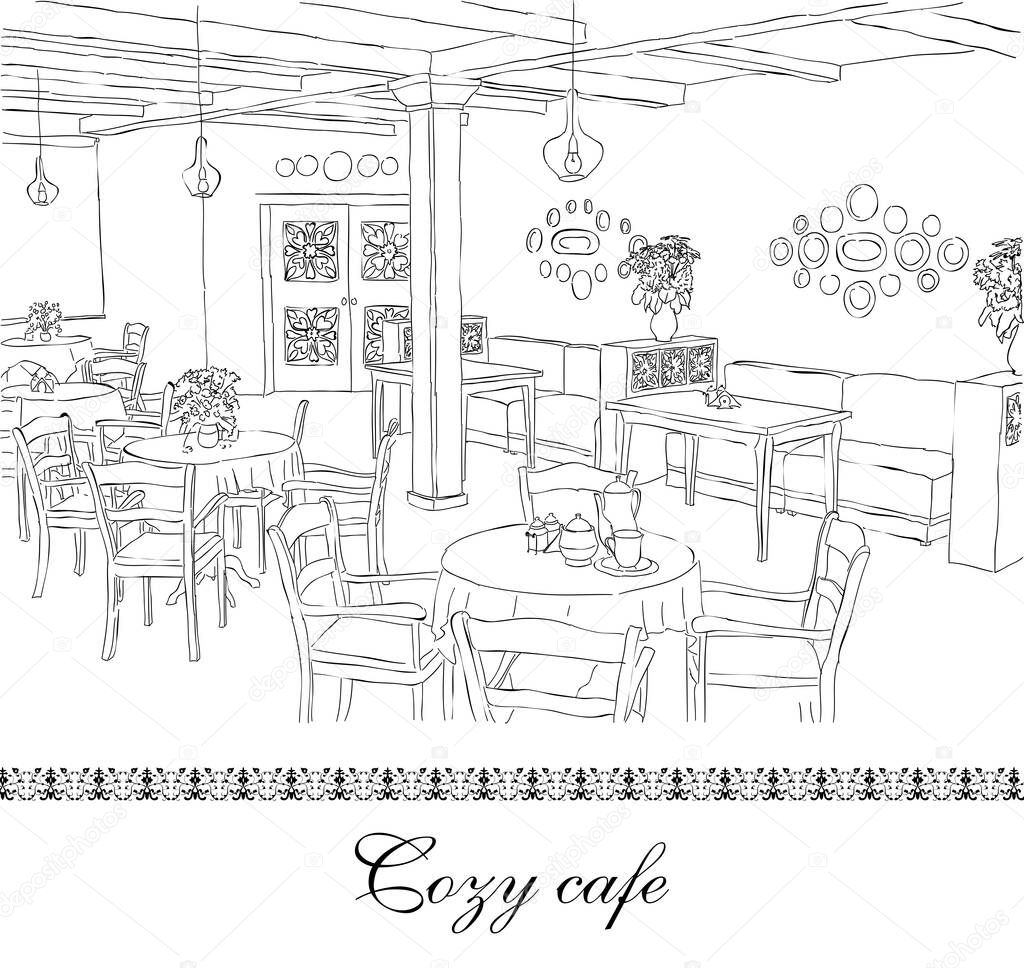 Cafe Interior - Drawn Sketch -  Vector Illustration  