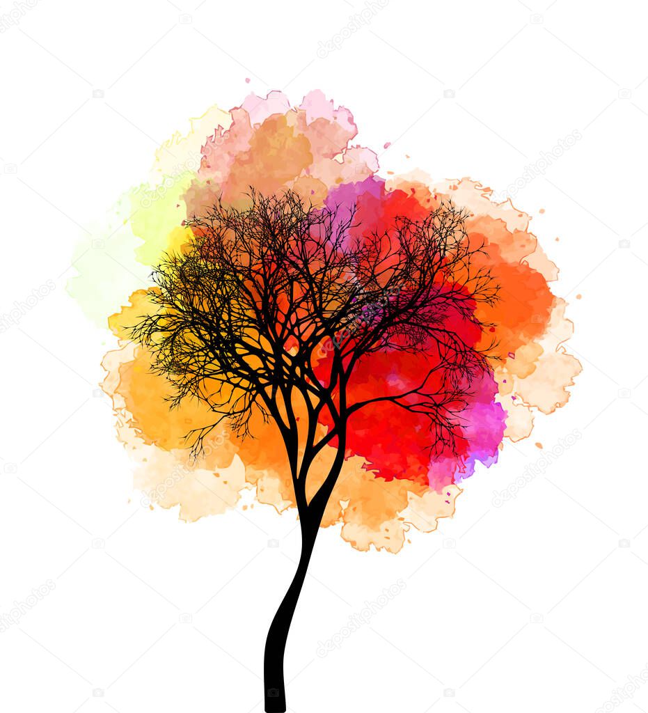 Vector Watercolor Red and Orange Tree Illustration
