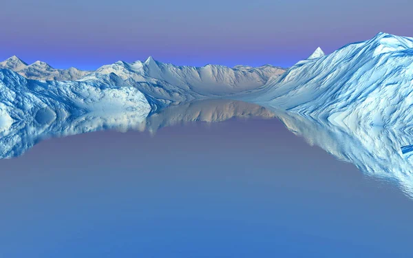 3D渲染宽蓝色日落山顶峡湾景观 — 图库照片