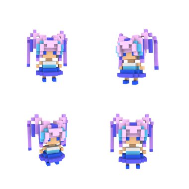 Voxel Anime Kız Karakteri Low Poly - Isometric Pembe Kawaii Prenses Bebek - Tasarım Projesi için 3D Render Piksel Sanat 