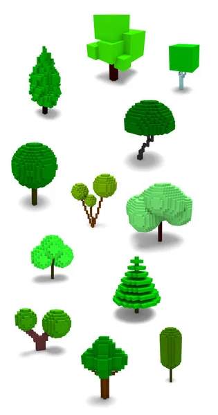 Kolekcja Voxel Low Poly Tree Crown Izometryczny Projekt Pikseli Art — Zdjęcie stockowe