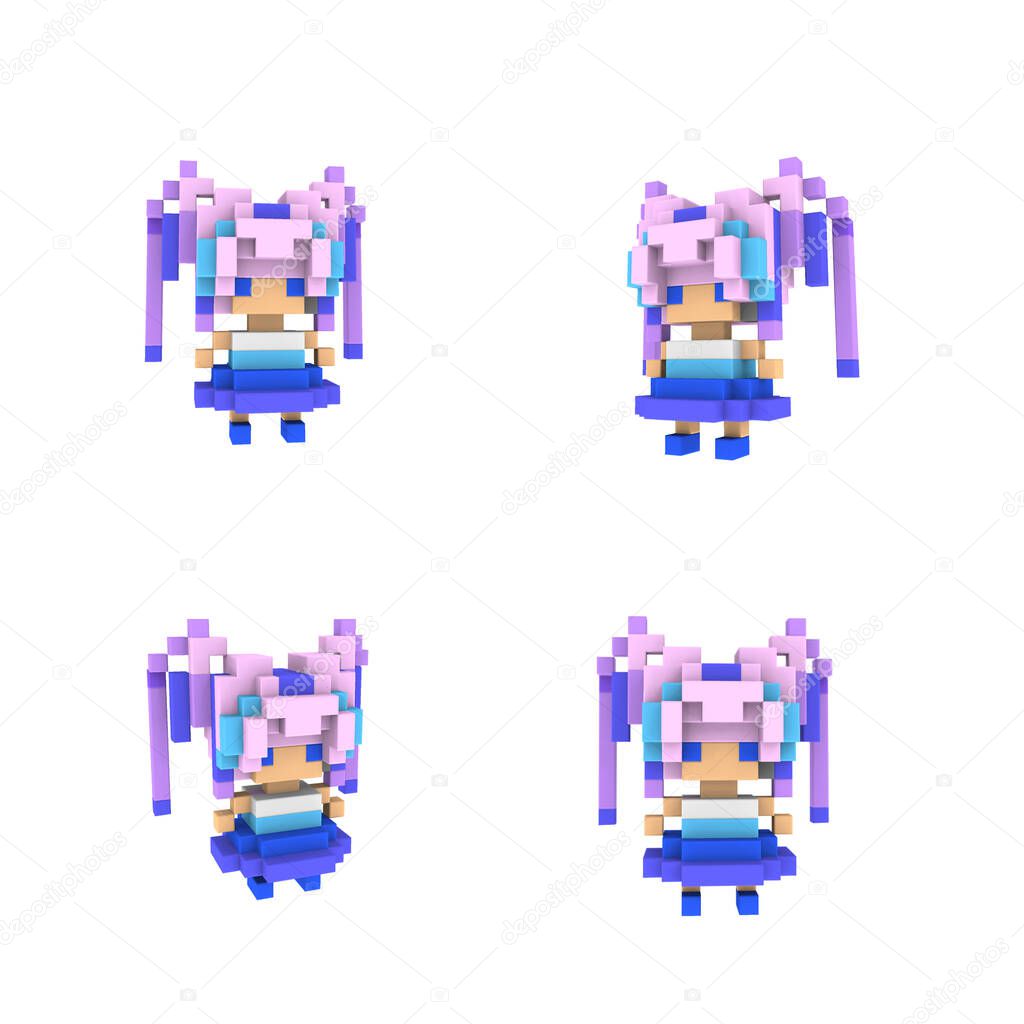 Voxel Anime Girl Character Low Poly   - Isometric Pink Kawaii Princess Personage Doll - 3D Render Pixel Art for Design Project 