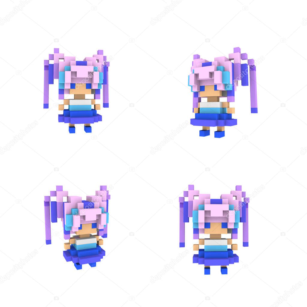 Voxel Anime Girl Character Low Poly   - Isometric Pink Kawaii Princess Personage Doll - 3D Render Pixel Art for Design Project