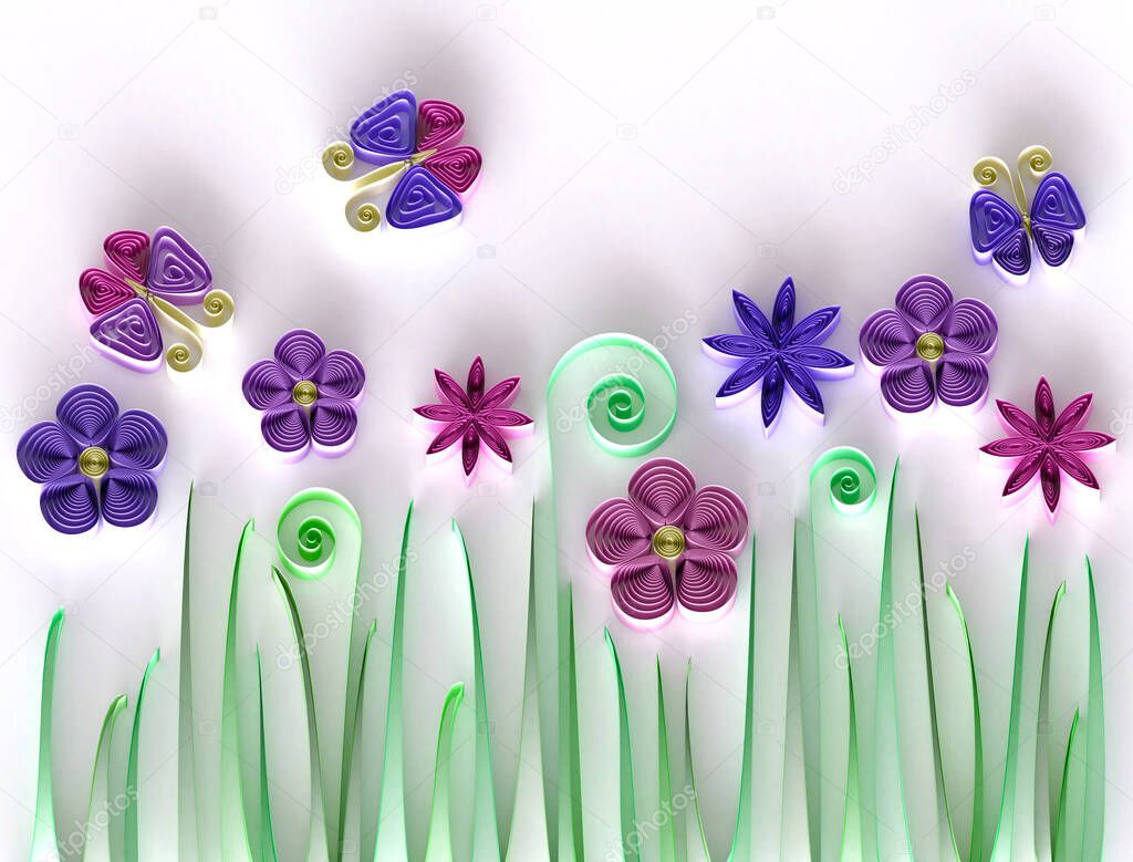 Paper Art Quilling  Filigree Flowering Meadow - Sweet 3D Render Papercraft Holiday Flower Greeting Card