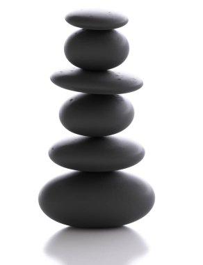 Zen taşı - gri deniz çakıl taşları piramidi - beyaz arkaplanda harmoni içinde dengelenmiş taşlar - konsept 3D iyileştirme değerli mineral