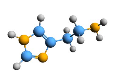 Histaminin iskelet formülünün 3 boyutlu görüntüsü - beyaz arkaplanda kaşınan arabulucunun moleküler kimyasal yapısı,