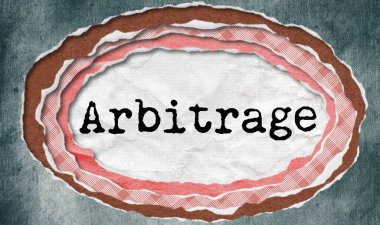 Arbitrage - typewritten word in ragged paper hole background - concept tattered illustration clipart
