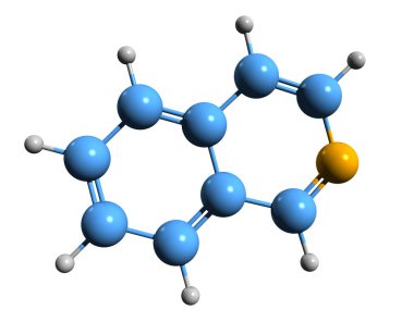 İzoquinoline iskelet formülünün 3 boyutlu görüntüsü - beyaz arkaplanda izole edilmiş quinoline yapısal izomerinin moleküler kimyasal yapısı
