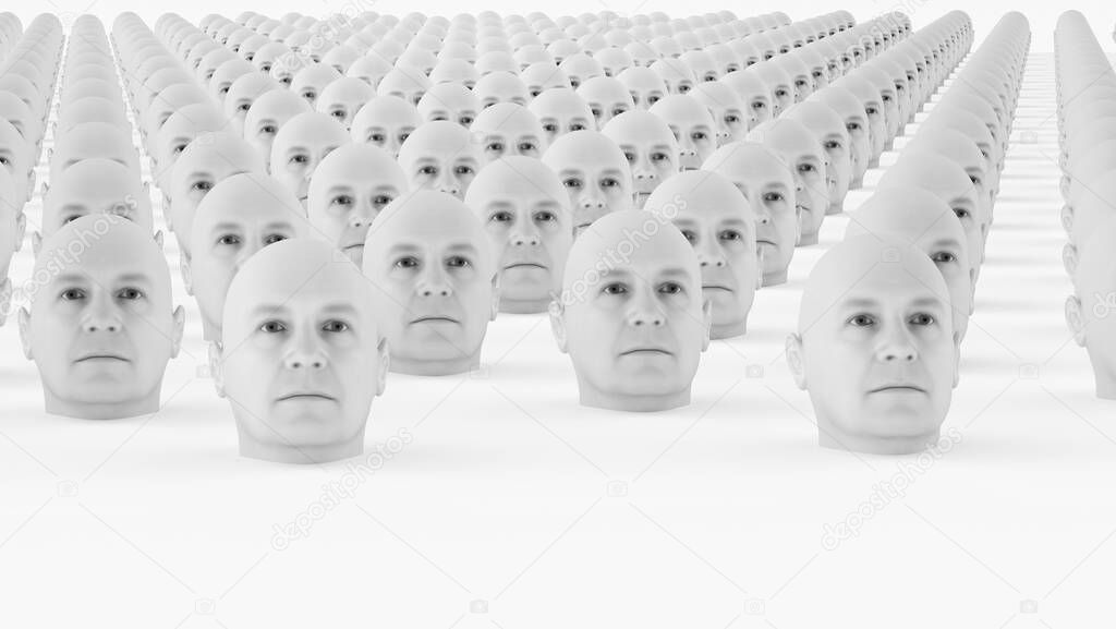 3D image of uniform male dummy hairless heads - monotonous characters isolated on white background - depersonalization, impersonality or drab concept  design 