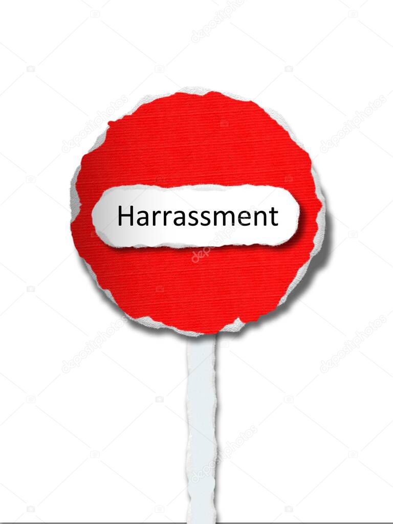 Harassment -  word in ragged paper stop sign background - bullying - concept tattered illustration