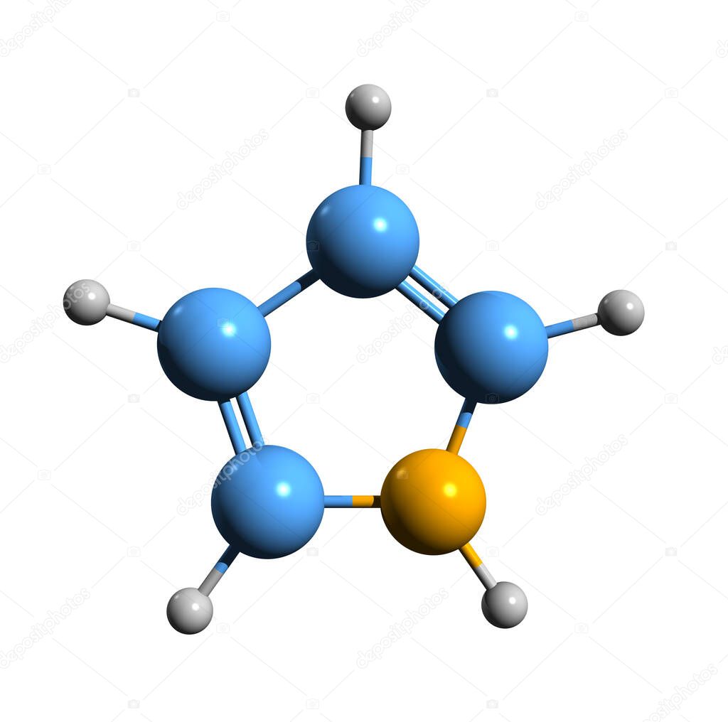 3D image of pyrrole skeletal formula - molecular chemical structure of azole or imidole isolated on white background