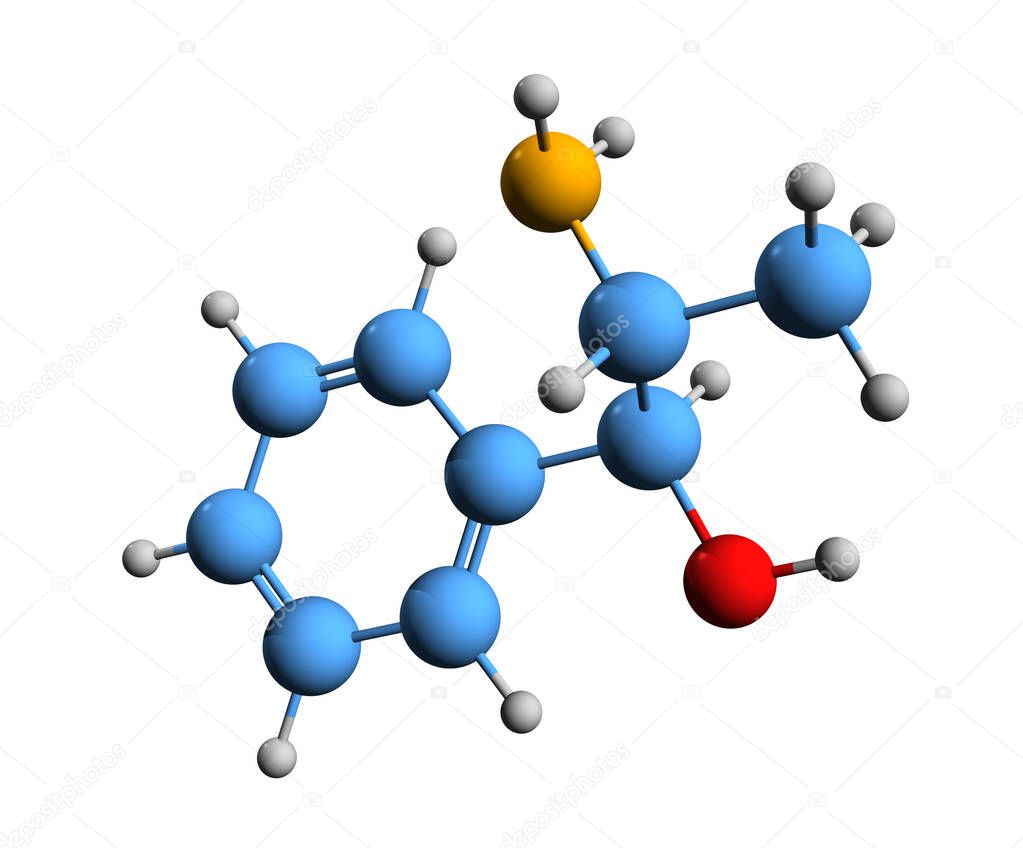3D image of norephedrine skeletal formula - molecular chemical structure of phenylpropanolamine isolated on white background