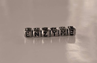 Enzim - metal bloklardan gelen kelime - parlak arkaplanda konsept sepia ton fotoğrafı