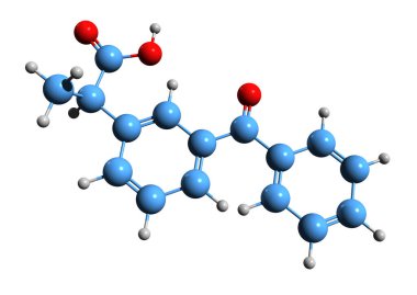 Ketoprofen iskelet formülünün 3 boyutlu görüntüsü - NSAID 'in moleküler kimyasal yapısı beyaz arkaplanda izole edildi