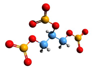Nitrogliserin iskelet formülünün 3 boyutlu görüntüsü - beyaz arkaplanda izole edilmiş trinitrogliserinin (TNG) moleküler kimyasal yapısı