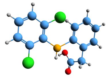 3D image of diclofenac skeletal formula - molecular chemical structure of nonsteroidal anti-inflammatory drug isolated on white background clipart