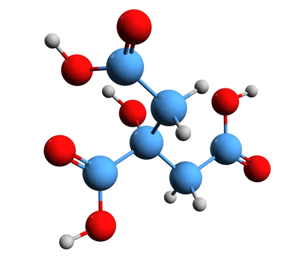 Citric asit iskelet formülünün 3 boyutlu görüntüsü - beyaz arkaplanda izole edilmiş C6H8O7 'nin moleküler kimyasal yapısı