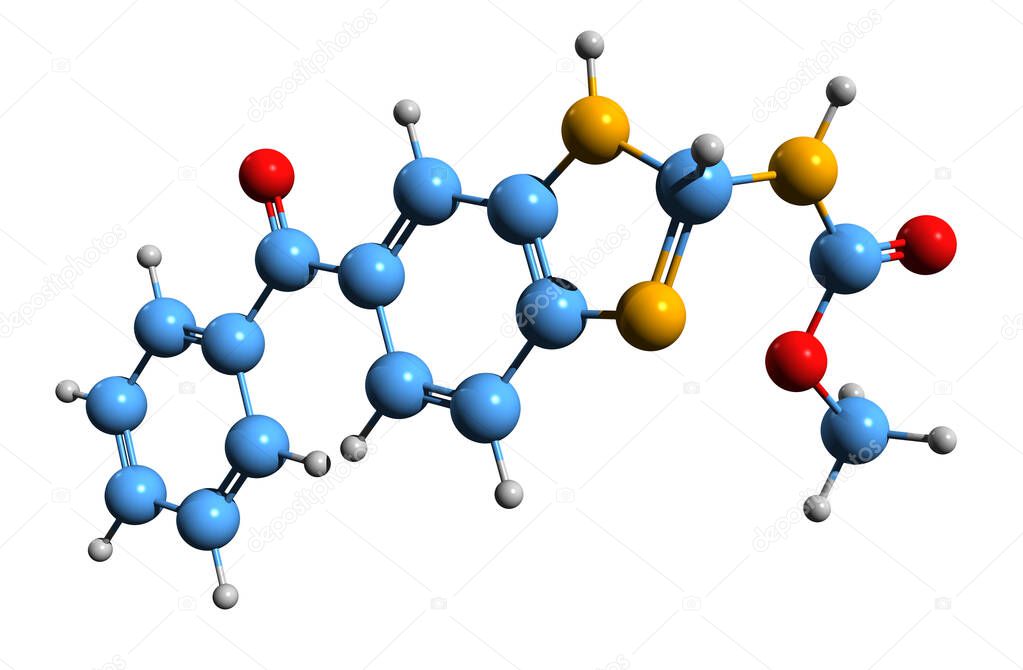 3D image of mebendazole skeletal formula - molecular chemical structure of antihelminthic agent MBZ isolated on white background