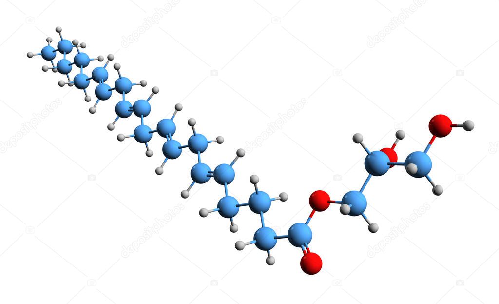3D image of 1-arachidonoylglycerol skeletal formula - molecular chemical structure of  endocannabinoid isolated on white background
