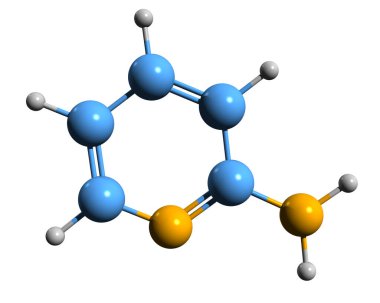 2-Aminopyridin iskelet formülünün 3 boyutlu görüntüsü - beyaz arkaplanda izole edilmiş Pyridinamine 'in moleküler kimyasal yapısı