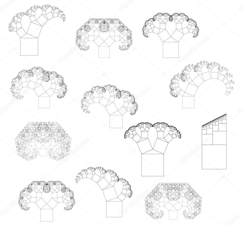 Flat Vector Computer Generated  L-system Branching Fractal Set - Pythagorean Tree with Different Parameters  