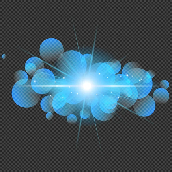 Modrý Zářící Záblesk Efektem Bokeh Průsvitném Pozadí Vektorový Zářivý Jiskra — Stockový vektor