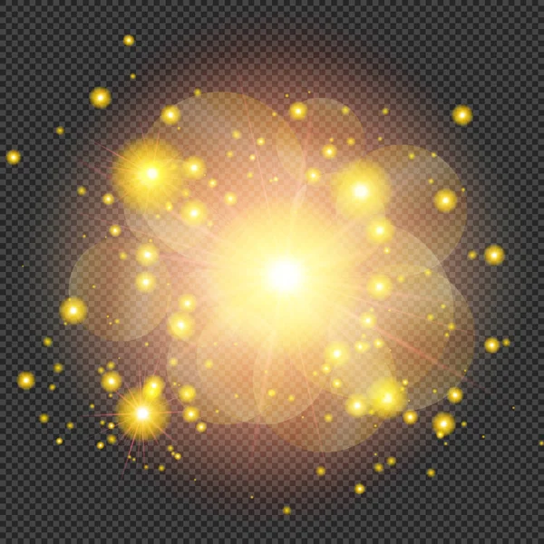 Yellow Shine Flare Flash Met Vonken Bokeh Effect Transparante Achtergrond — Stockvector