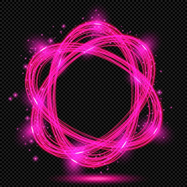 Rosa Lysande Atomsymbol Med Gnistor Transparent Bakgrund Vektor Glödande Neon — Stock vektor