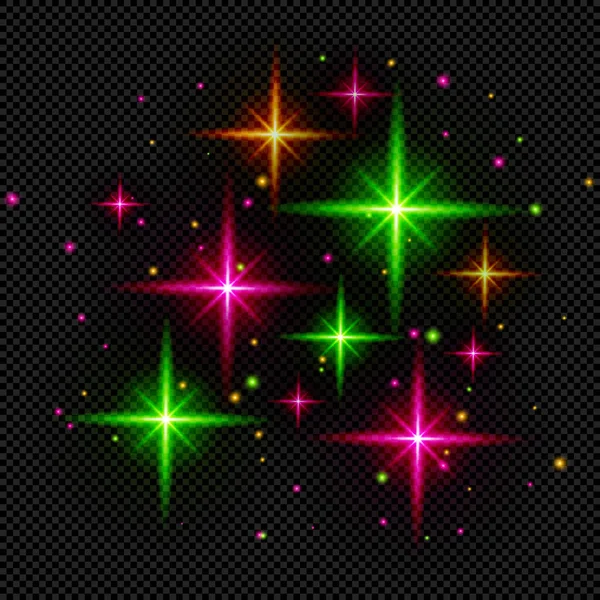Rózsaszín Zöld Ragyogás Csillagok Átlátható Háttér Vektor Sugárzó Kitörések — Stock Vector