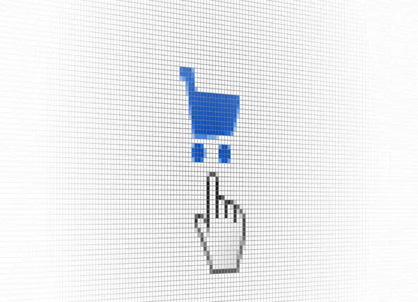 コンピュータのLcdスクリーンピクセルの背景に青いショッピングカートを指す手のカーソルを閉じる ベクトルマクロ画像デジタルコンセプト — ストックベクタ