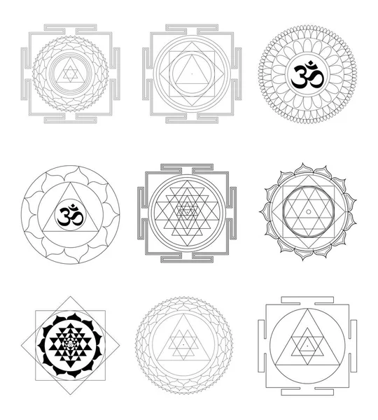 Sacred Indian Geometry Mystical Meditative Diagram Symbol Set Vector Yantras — Stock Vector