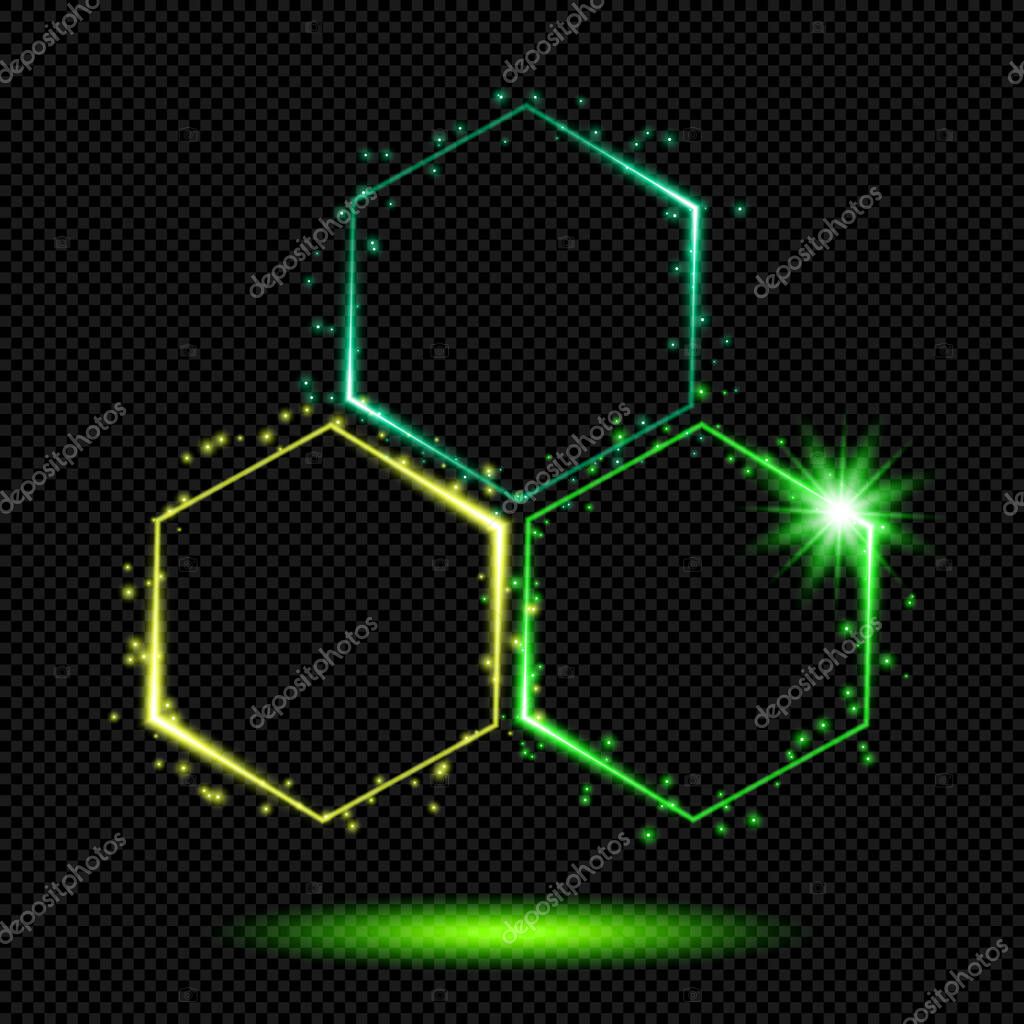 Green Shining Honeycombs Circle Logo Sign with Sparks on Transparent Background  - Vector Glowing Neon Hexagon Cellular Structure
