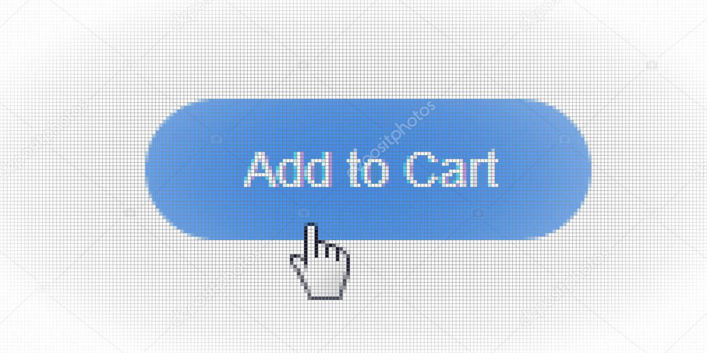Close Up Hand Cursor and Site Add to Cart Form Button Online Shopping on Computer LCD Screen Pixel Background  - Vector Macro Image Digital Concept