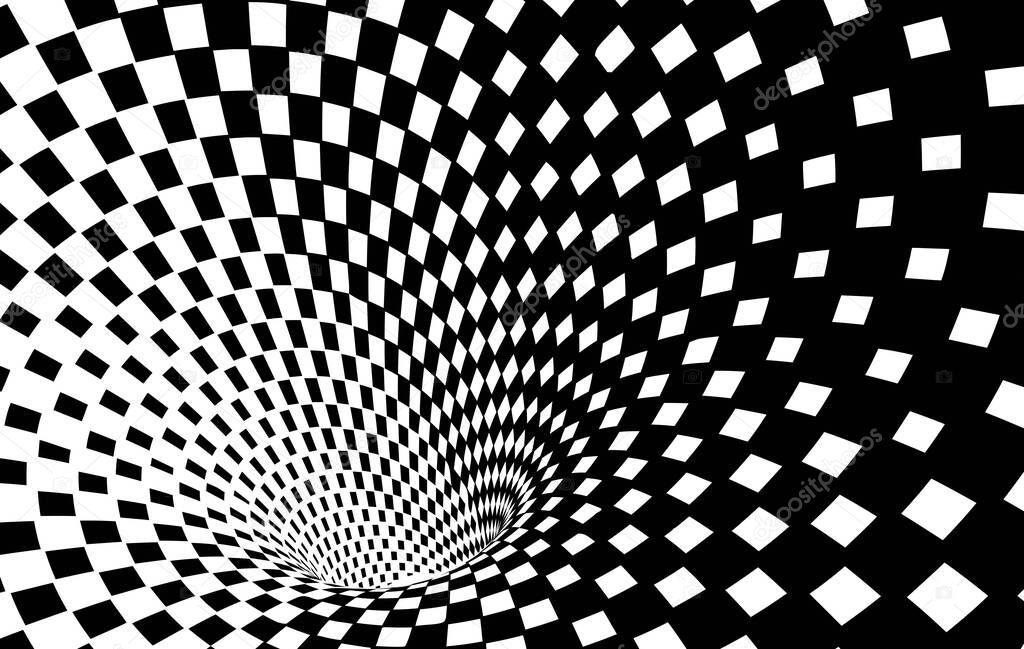 Geometric Black and White Abstract Hypnotic Worm-Hole Tunnel - Optical Illusion - Vector Illusion Checkered Op Art