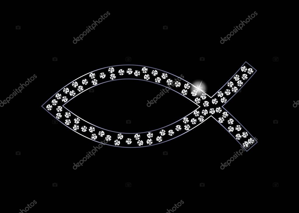 Diamond Crystals Paved Silhouette of Christian Fish  -  Vector Glamor Rhinestones Fashion Symbol of Christianity