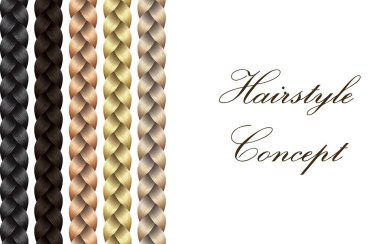 Vektör Uzun Saç Örgü Model Konsepti - Üç Ayrı Sarışın, Brunet ve Kızıl Saç Tarzı Tasarımı