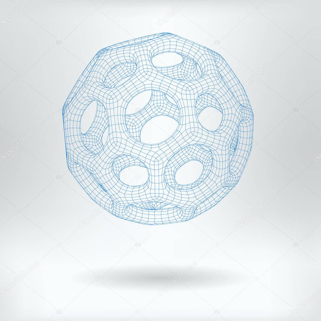 Vector 3D Mesh Hexagonal Buckminsterfullerene Carbon Concept Icon - Truncated Icosahedron Nanoparticles Scientific Fullerene Image