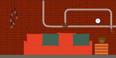 Çatı katı Biçimli Salon İçi - Dinlenme ve Rahatlama İçin Rahat Atmosfer - Kırmızı Tonlarda Vektör İllüzyonu