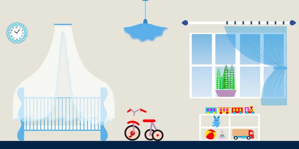 Childrens Room Interior Baby Boy Cozy Atmosphere Nursery Vector Illustration — 스톡 벡터