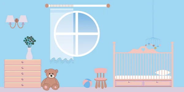 Childrens Room Interior Baby Boy Cozy Atmosphere Nursery Vector Illustration — 스톡 벡터