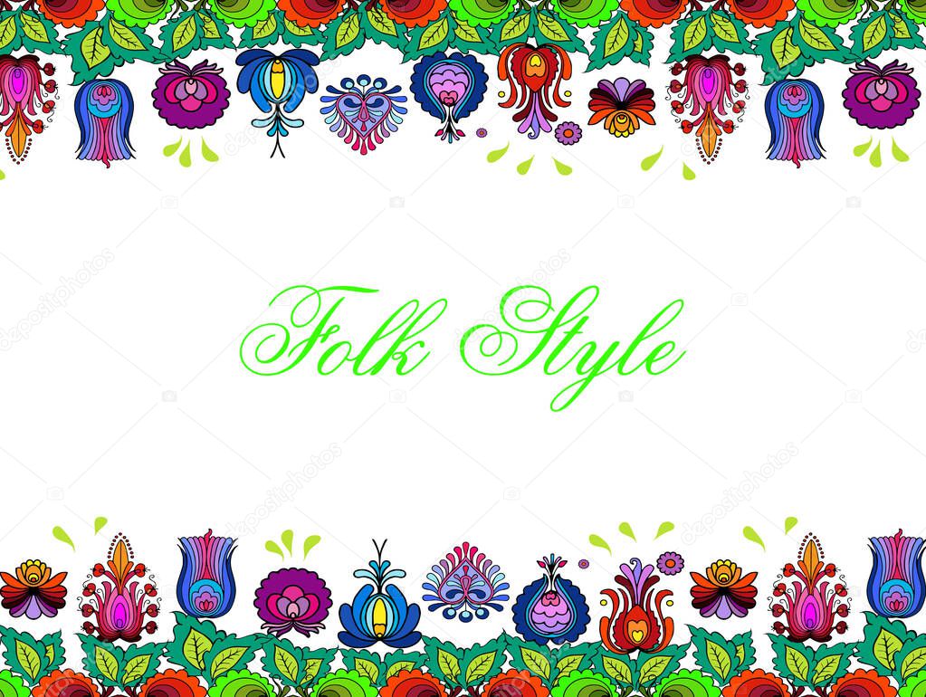 Folksy Floral Background - Slavic Folk Style Flower Border - Vector Patterned Vignette