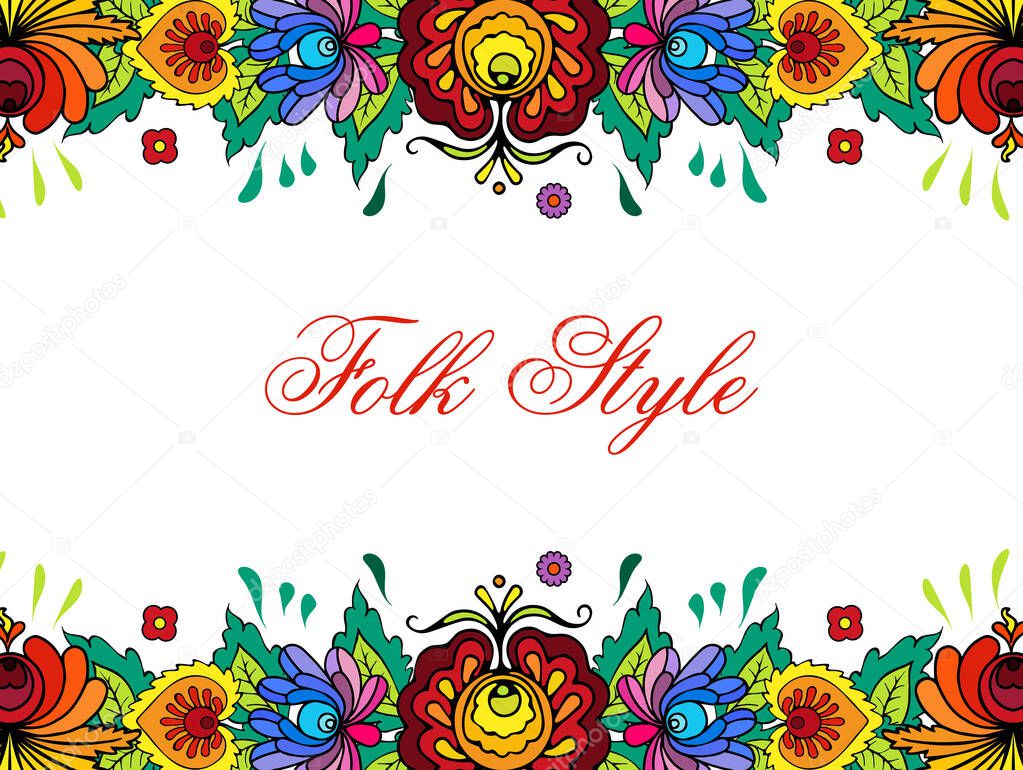 Folks Floral Edging - Ukrainian Folk Style Flower Template - Bright Vector Design