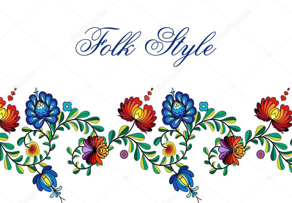 Folksy Floral Border - Russian Folk Style Flower Garland - Vector Ornamental Vignette