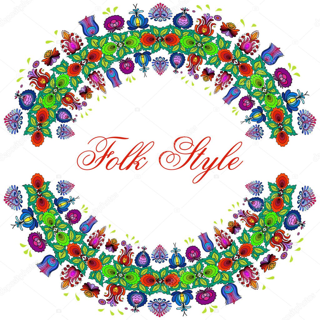 Folksy Floral Pattern - Hungarian Folk Style Flower Wreath - Vector Round Vignette