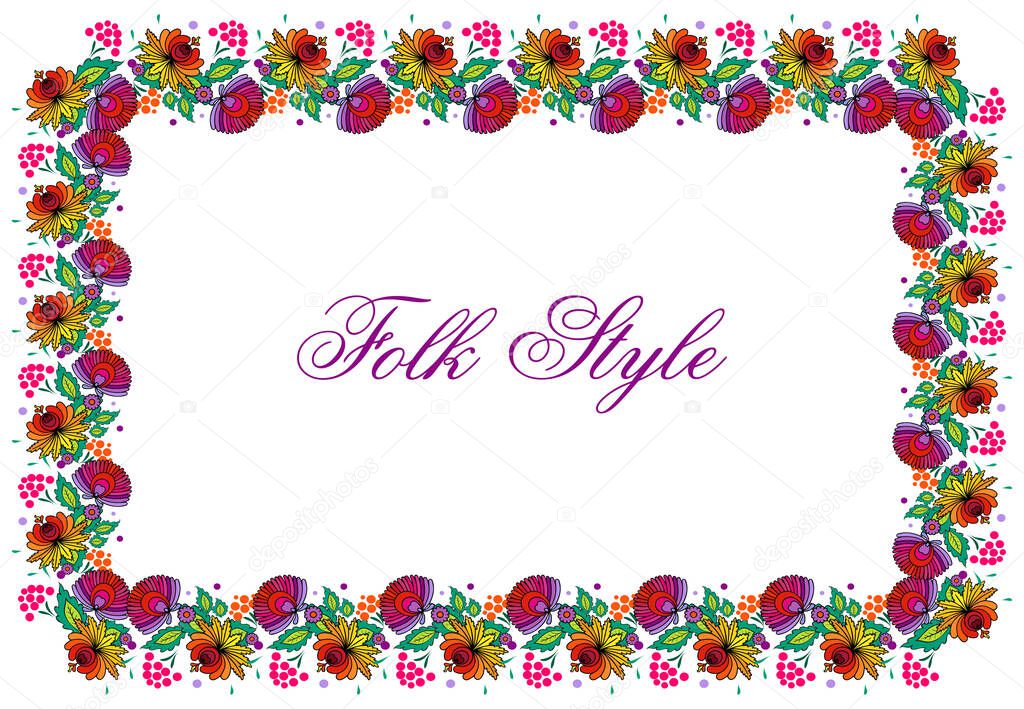 Folksy Floral Cadre - Hungarian Folk Art Style Pattern - Vector Garland Vignette