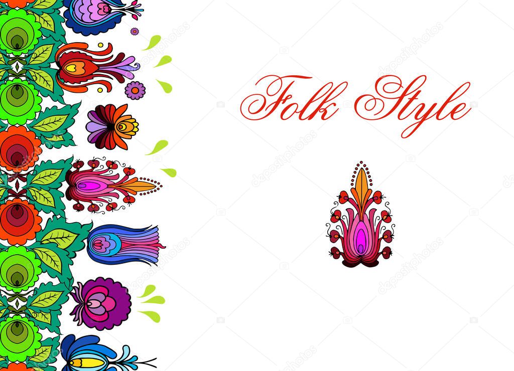 Folksy Floral Border - Ukrainian Folktale Style Flower Garland - Vector Ethnic Tracery