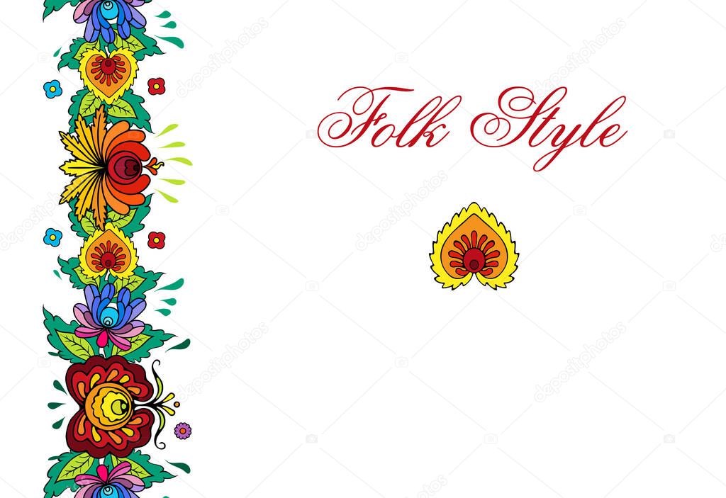 Folksy Floral Pattern - Russian Folk Style Flower Garland - Vector Ethnic Vignette