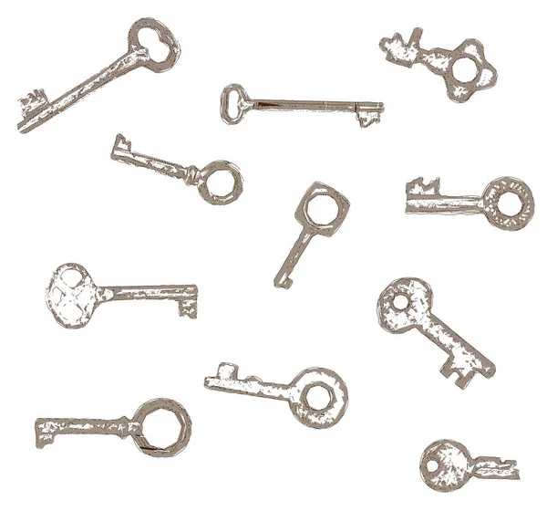 Set Vintage Stylized Hatched Vector Keys Generative Graphic Design — Stock Vector