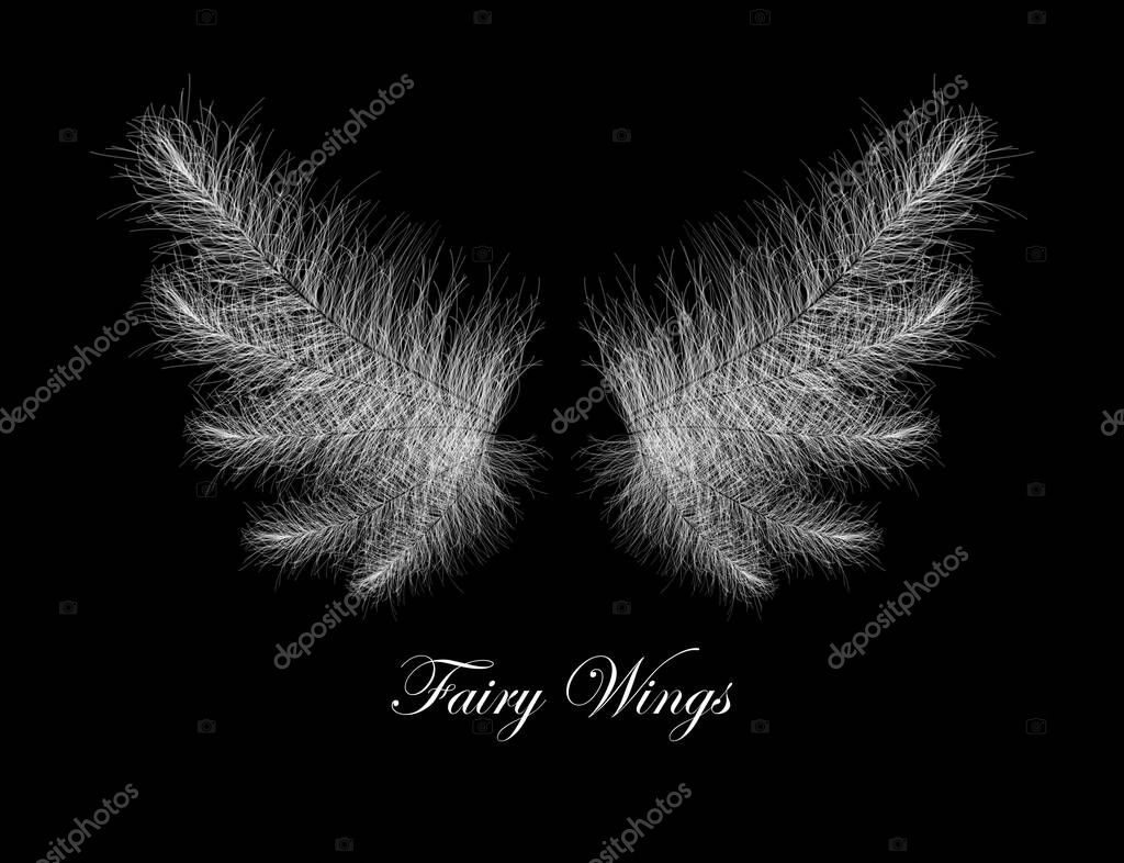 White Fluffy Fay Wings - Dreamlike Fuzzy Pixie Wings - Concept Vector Template on Black