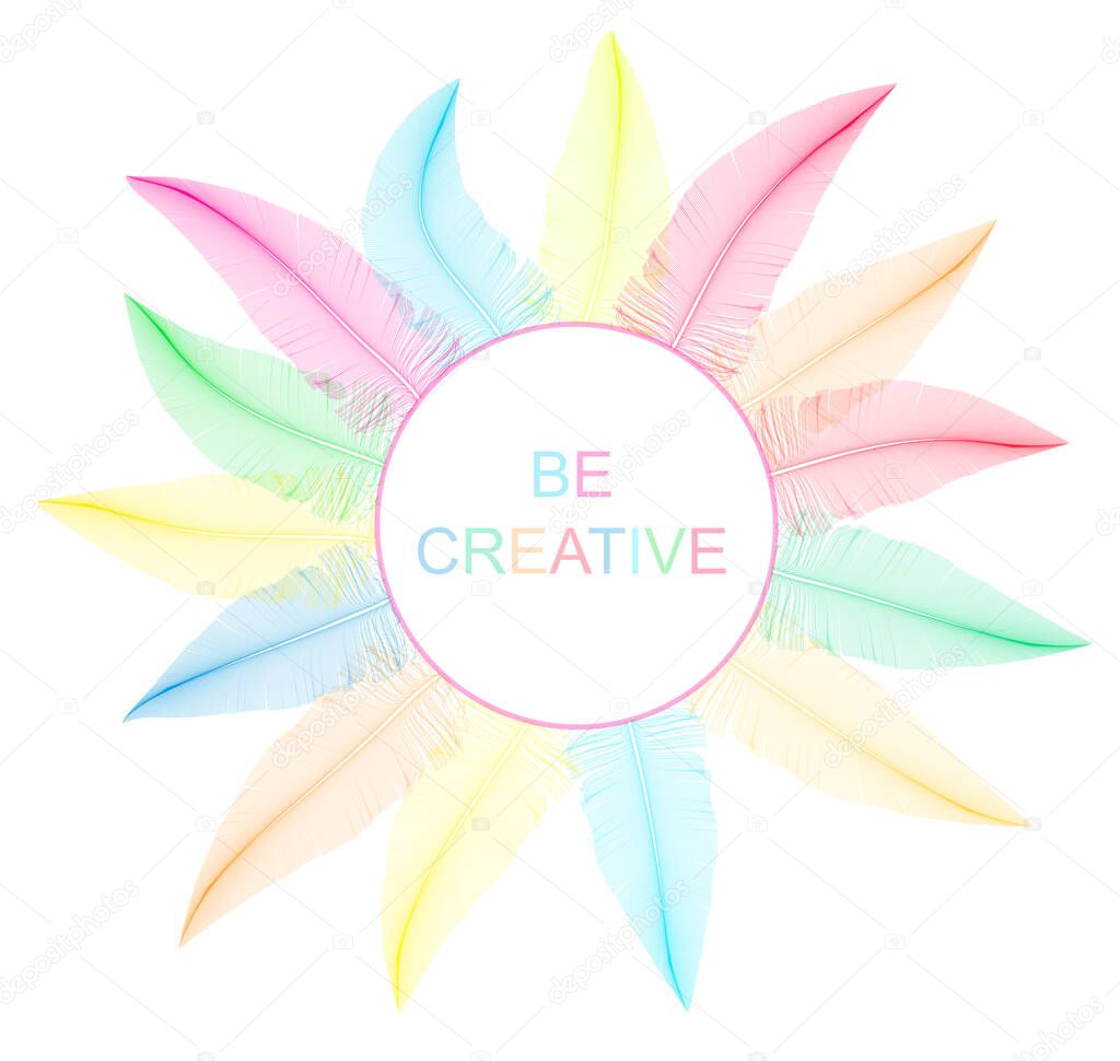 Rainbow Feathery Round Frame - Be Creative - Concept Vector Vignette Isolated on Black
